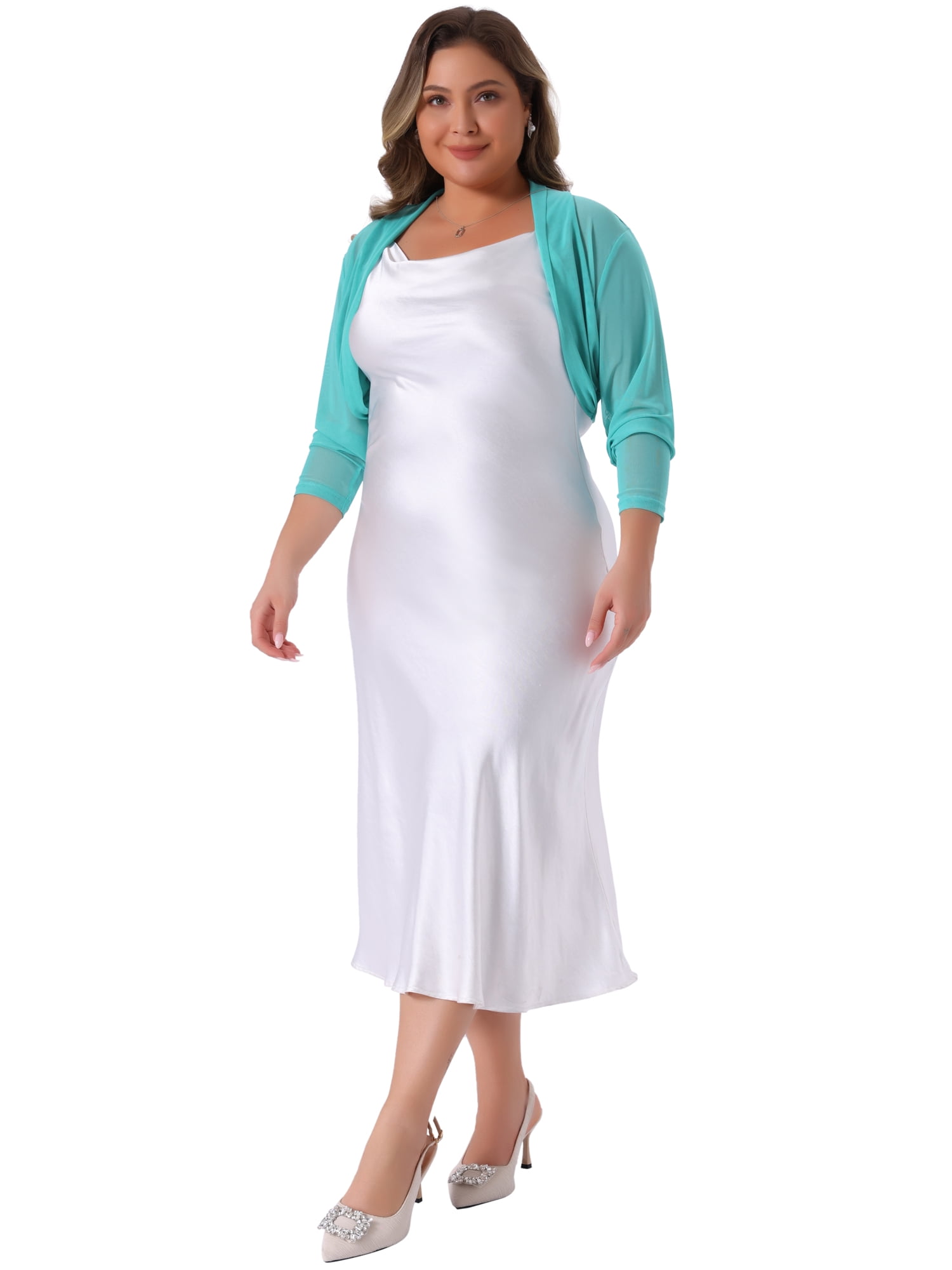 DARING DIVA Women's Plus Size Mesh Crop Long Sleeve Sheer Bolero Shrug Top 4X Cyan