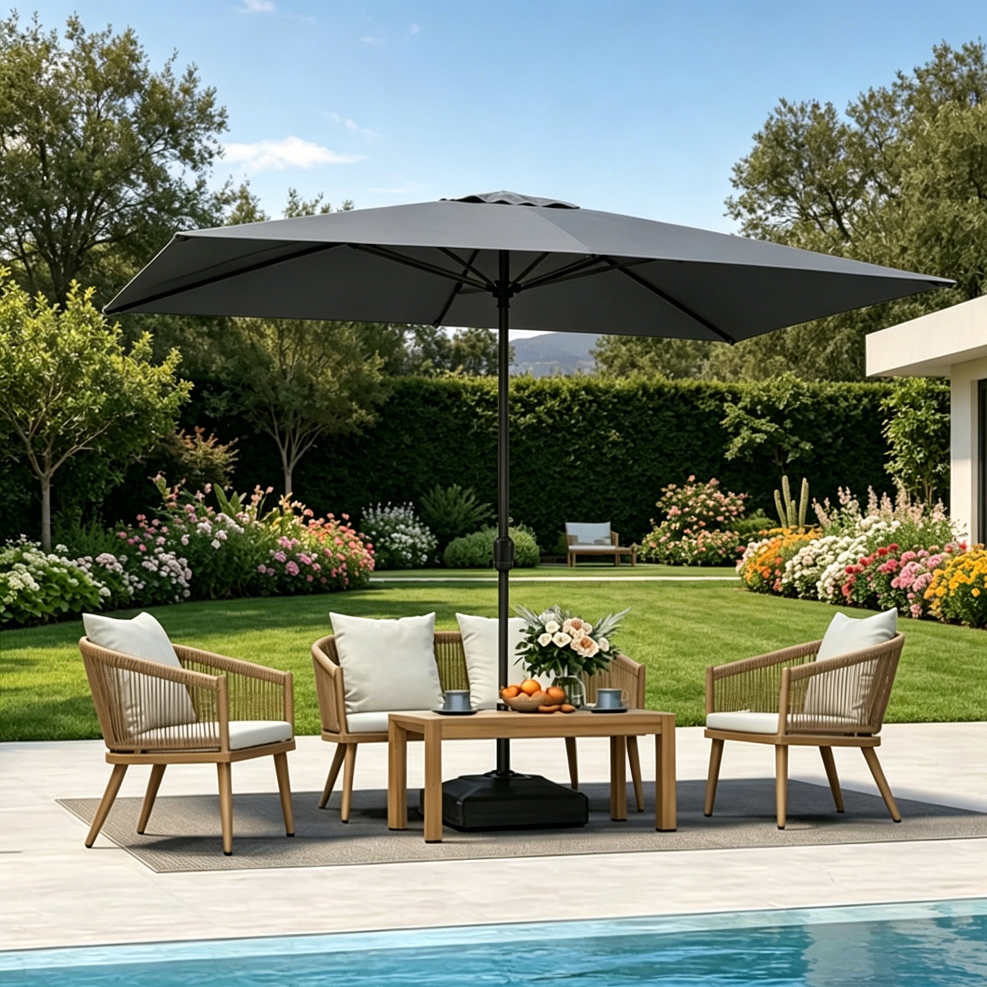 Kool 10x6.5ft Rectangular Patio Umbrella with Crank Handle, Outdoor Market Umbrella with 6 Sturdy Umbrella Ribs, Waterproof, Dark Gray