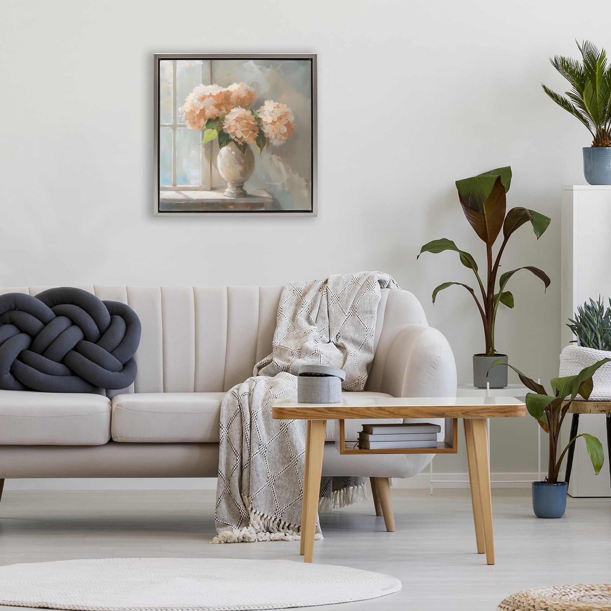 Stupell Industries Pink Hydrangea in Sunlit Vase Gray Framed Floater Canvas Wall Art, design by Creative Studio