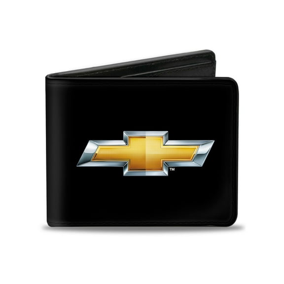 GM General Motors Wallet, Bifold, Chevy Bowtie Black Gold Logo Centered, Vegan Leather
