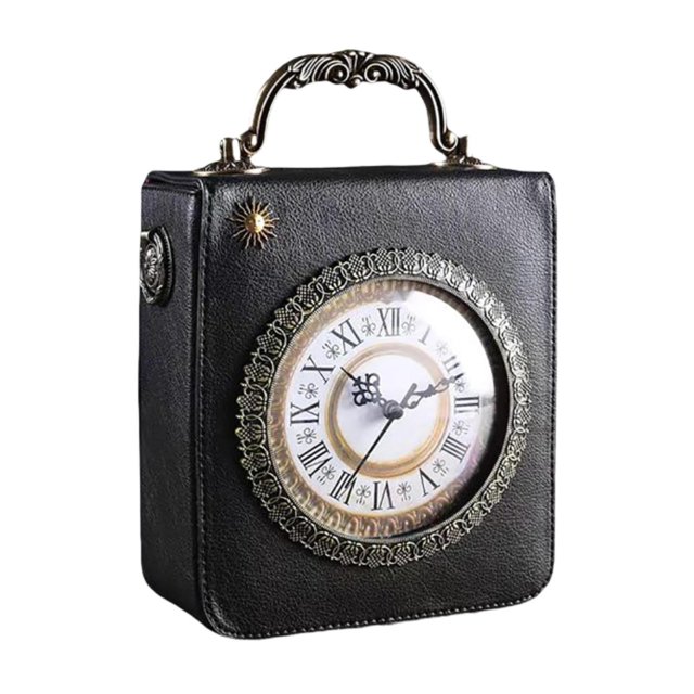 Bolso de hombro de cuero para mujer, bolso de viaje, ligero, moderno, estilo retro, con forma de reloj. Negro