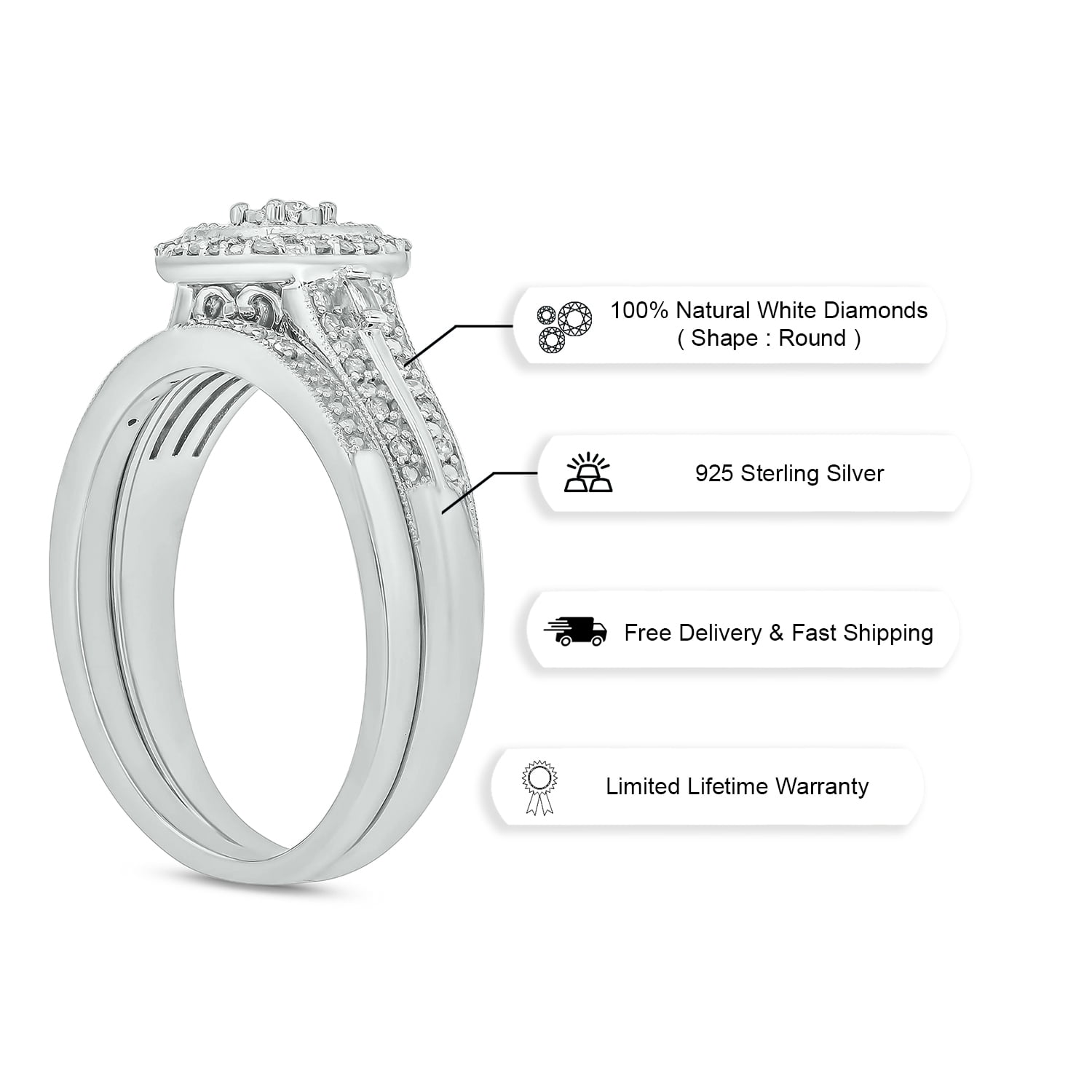 1/3cttw Diamond Square Halo Engagement Ring with Matching Diamond Wedding Band for Women in 925 Sterling Silver, Women's Silver Square Wedding Ring Set with Halo and Diamond Accented Bands