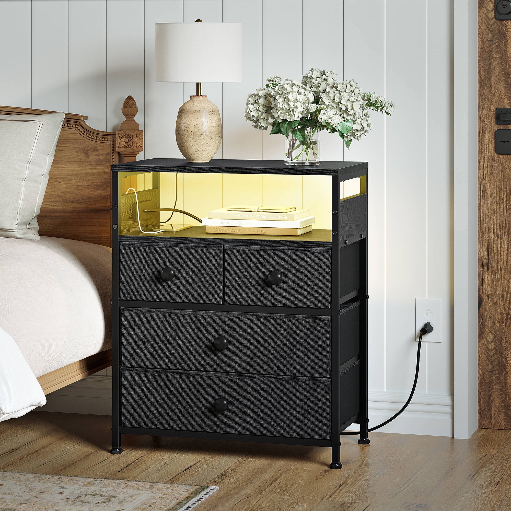 GUNAITO Led Nightstand Set of 2 with 4 Drawers Bedside Table with Charging Station Wide End Table with Storage Shelf for Living Room,Gray