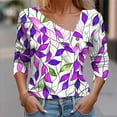 thumbnail image 2 of V Neck Tops for Women Dressy Tunic T-Shirts Juniors Pleated Button 3/4 Length Sleeve Blouse Teen Girls Casual Cute Floral Print Pullover Tee, 2 of 5