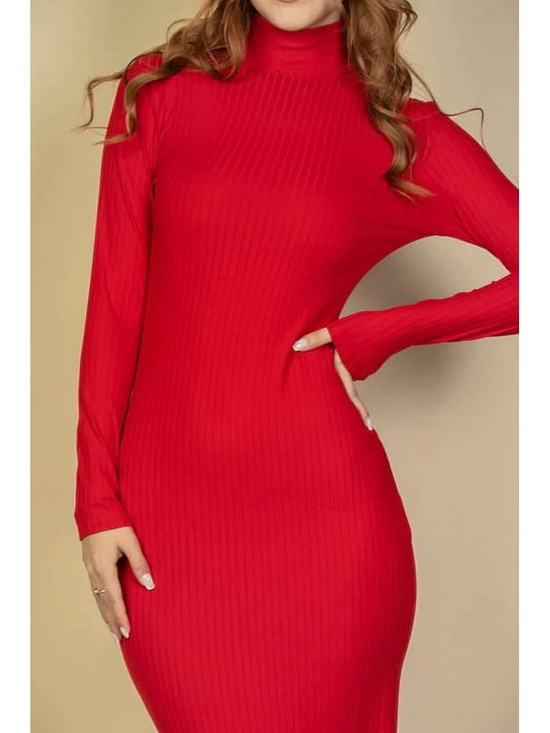 Ribbed Mock Neck Long Sleeve Bodycon Midi Dress Red L - Walmart.com