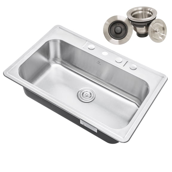 33 in. x 22 in. Topmount / Drop-in 18 Gauge Stainless Steel Single Bowl 4 Faucet Hole Kitchen Sink 9 in. Deep with Pop-Strainer/Drain