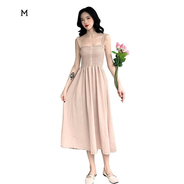 Vestido midi plisado sin mangas color sólido vestido casual de cintura alta, beige, m Monstrate AP001458-01B