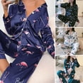 thumbnail image 3 of TNOBHG Women Pajama Set Women Spring Summer Pajama Set Floral Print Silky Lapel Long Sleeve Loose Single-breasted Wide Leg Homewear Shirt Pants Set Sleepwear, 3 of 8