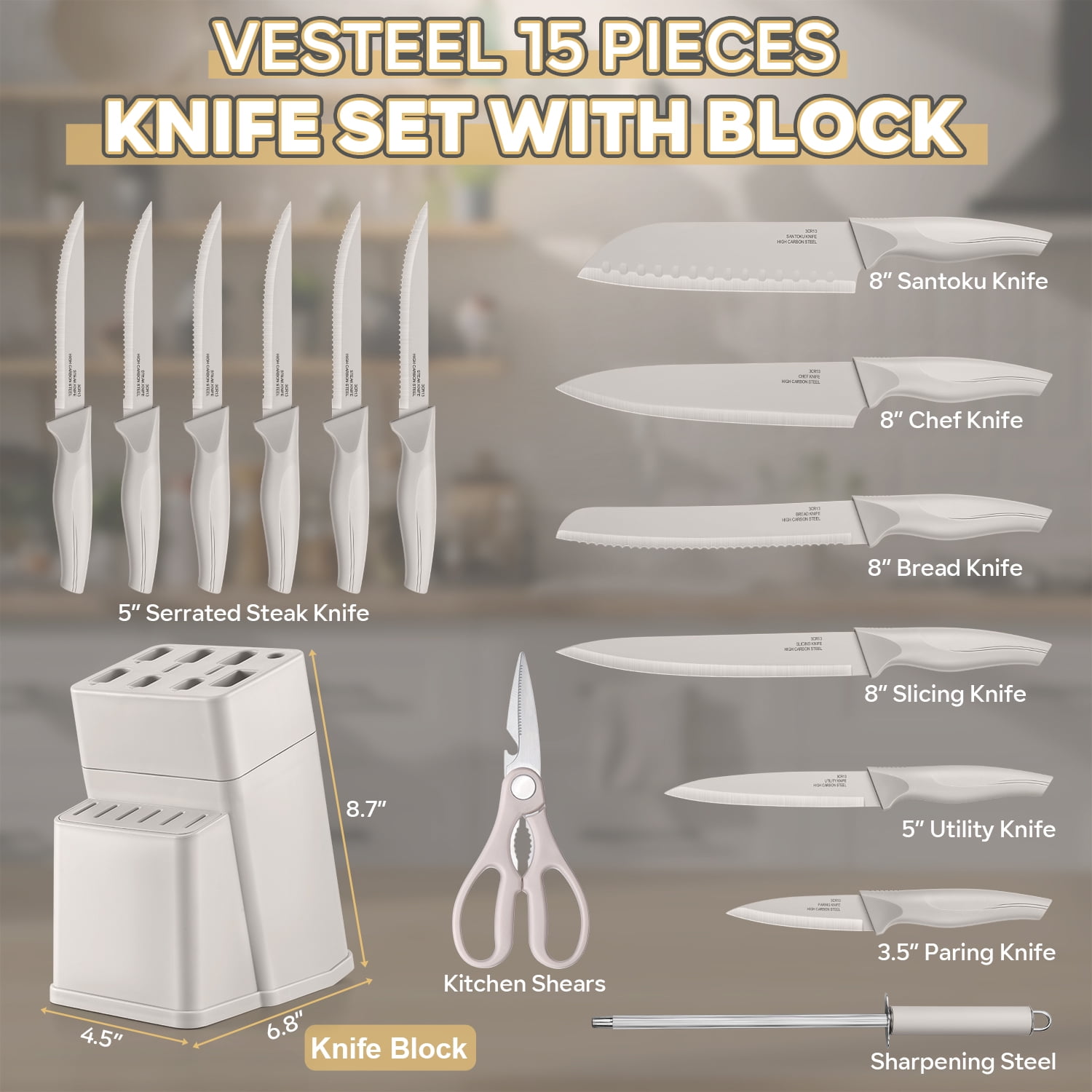 Vesteel Knife Set for Kitchen with Block, 15 Pcs High Carbon Stainless Steel Kitchen Knife Set with Self Sharpening - Khaki