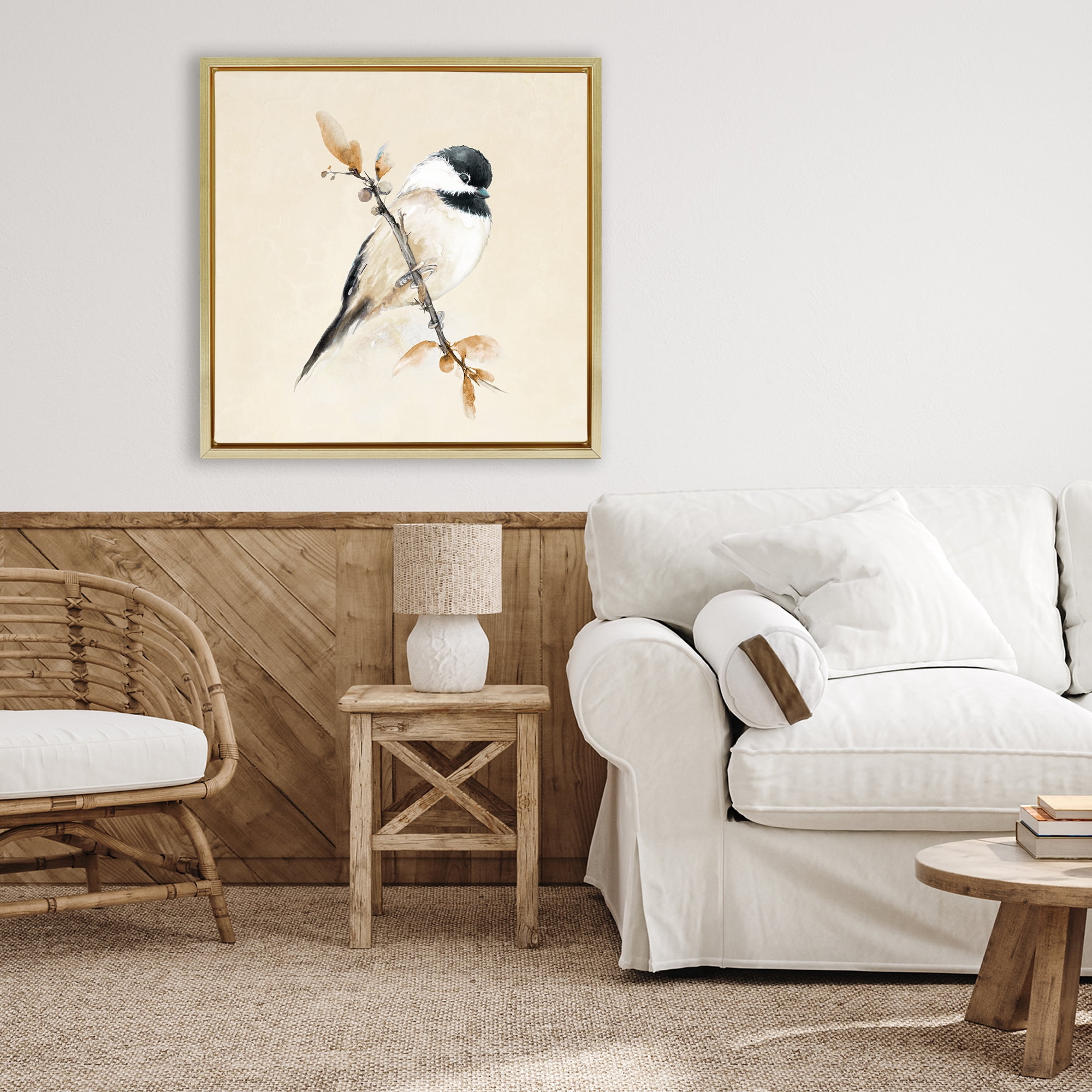Stupell Industries Muted Watercolor Chickadee Gold Framed Floater Canvas Wall Art, design by Diannart