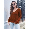 thumbnail image 2 of Fall Sweaters Round Neck Crochet Hollow Out Cute Winter Pullover Sweaters for Women Trendy Red-Brown M, 2 of 6