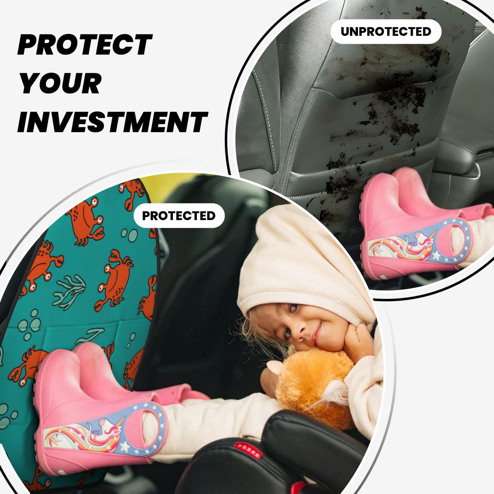 Kdxio Colorful Crab Print 2 Pack Car Kick Mat Seat Cover Back Protector Mat with Pockets for Organizer Backseat Protector and Storage Anti Kick Pad for Vehicles