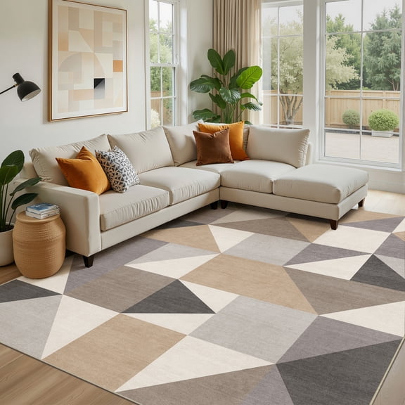 MICGEEK 8x10 Washable Area Rugs for Living Room, Modern Geometric Printed Rug, Vacuum-Friendly, Non Slip Indoor Rug for Bedroom Dining Room Home Decor Carpet, Brown&Gray
