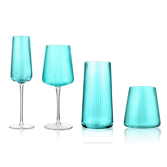 Artland Soho Optic 16 Piece Glassware Set - Durable Glasses for Every Occasion - Champagne, Double Old Fashion, Goblet, Highball Glasses, Barware Essentials for Entertaining & Gifting (Turquoise)