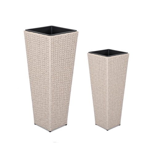 DEGUO Wicker Planters for Outdoor Plants Set of 2, 32“& 24 ” Tall Planter for Front Porch, Patio, Balcony, Indoor Usage - Square Rattan Flower Pots, Beige