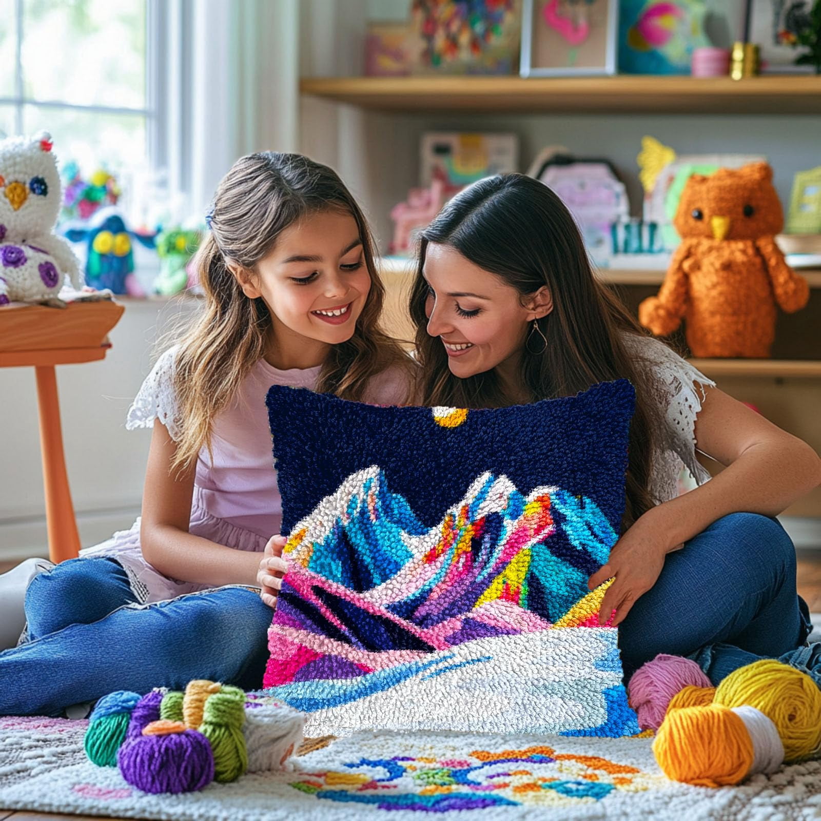 Colorful Snow Mountain Moon DIY Latch Hook Pillow Kits for Adults Printed Pillowcase Crochet Yarns Hooking Handmade Pillow Cover Cushion for Home Sofa Decoration 17x17inch