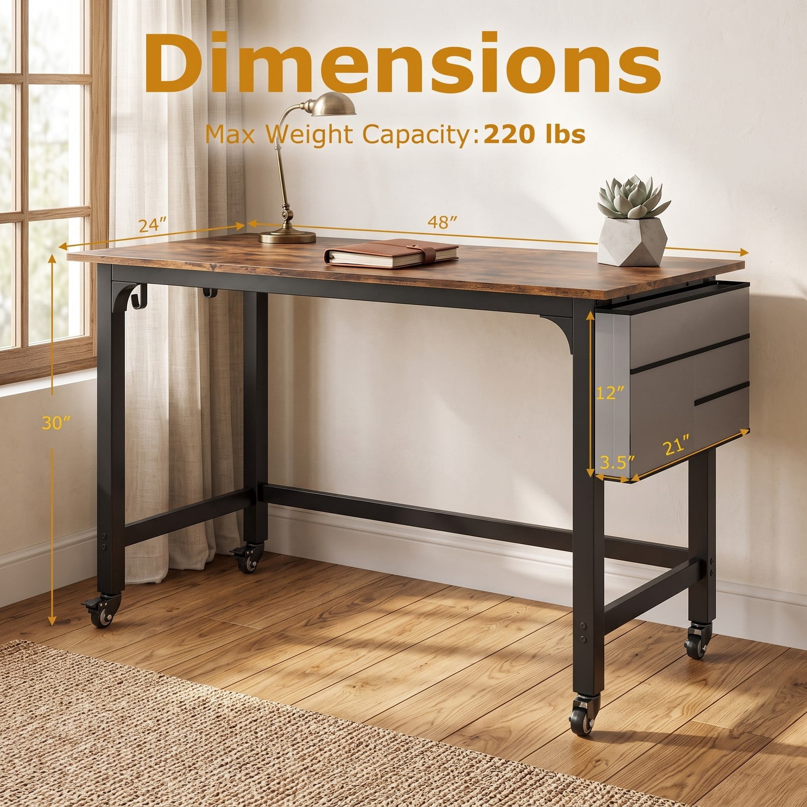 Furnibear Rolling Computer Desk Home Office Desk with Detachable Fabric Bag and Wheels, Mobile Writing Desk with Metal Frame, Rustic Brown