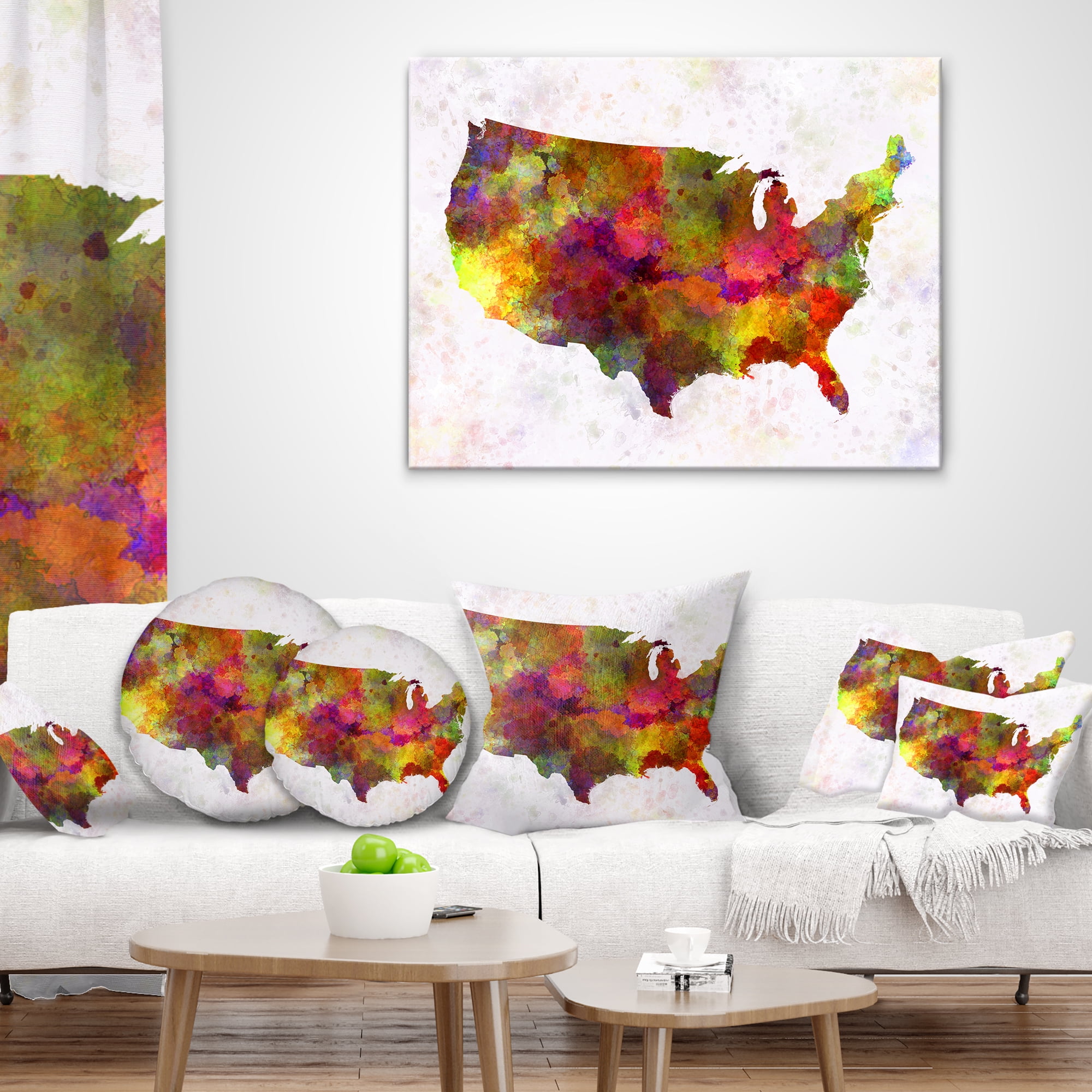 Designart United States Map in Colors - Watercolor Painting Throw Pillow - 18x18