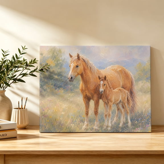 Chestnut Horse Canvas Wall Art, Rustic Farmhouse Country Foal Meadow Wildlife Wall Art Prints Artwork Framed Canvas Ready to Hang Art Pictures for Bathroom, Dressing Table, Entryway 12" x 8"