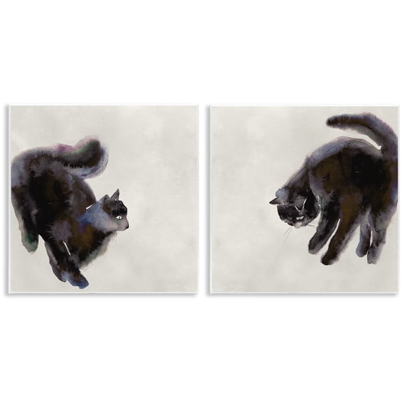 Stupell Industries Fuzzy Black Cats on Beige Animals Painting Unframed Art Print Wall Art, 12 x 12, Set of 2