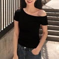 thumbnail image 3 of yillto Women's off Shoulder Tops Summer Casual Short Sleeve T Shirts Solid Color Slim Tee Clothes, 3 of 5