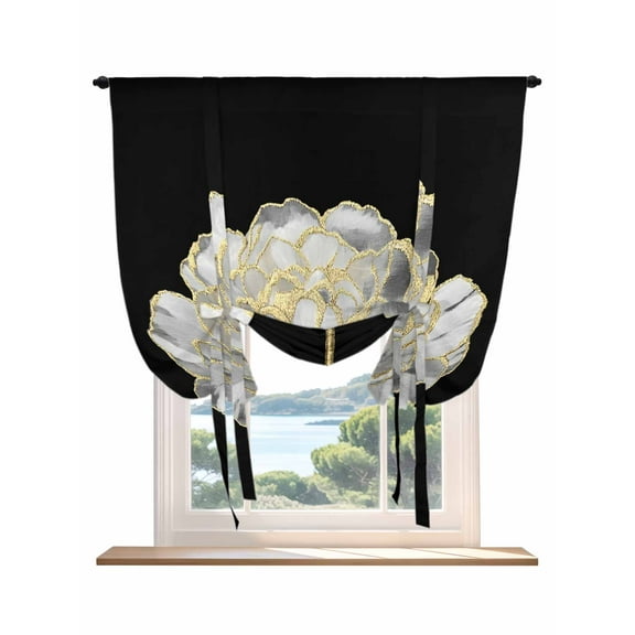 Flower Black Tie Up Curtains for Windows 45 Inch Length Balloon Curtains Kitchen Adjustable Balloon Window Shade Gold White Abstract Floral Aesthetic Tie Up Valance Bathroom Curtain Window 34"x45"