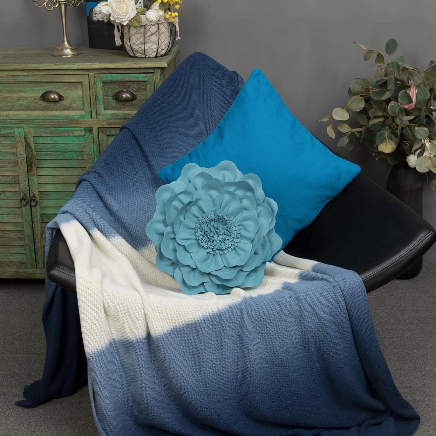 JWH 3D  Handmade Decorative Peony Flower Accent Pillow Cushion Round Shape 14 inch Aqua