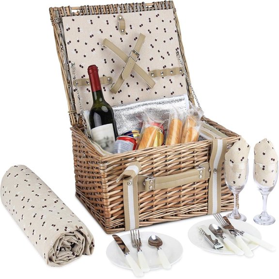Willow Picnic Basket Set for 2 Persons with Large Insulated Cooler Bag and Waterproof Picnic Blanket, Wicker Picnic Hamper for Camping,Outdoor,Birthday