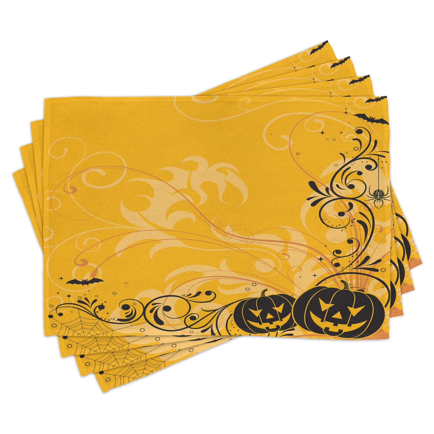 Halloween Placemats Set of 4 Carved Pumpkins with Floral Patterns Bats