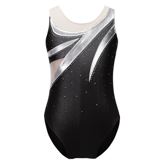 Yeahdor Kids Girls Sheer Mesh Patchwork Leotard Metallic Cutout Back Dance Gymnastics Bodysuit
