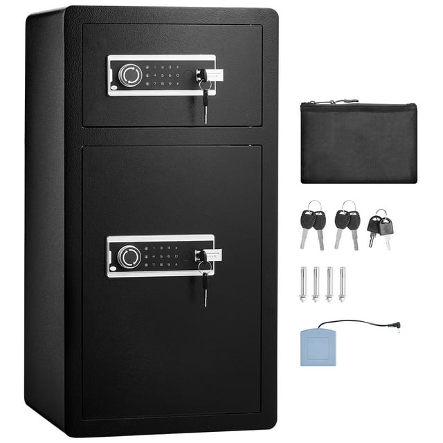 KFFKFF Coffre-Fort de Sécurité à Double Entrée de 5,5 Pi3, Équipé de Mécanismes de Verrouillage de Clé et de Code, Comprend une Pochette Ignifuge, un Éclairage, des Tablettes Ajustables et une Section Dédiée, en Noir Épuré