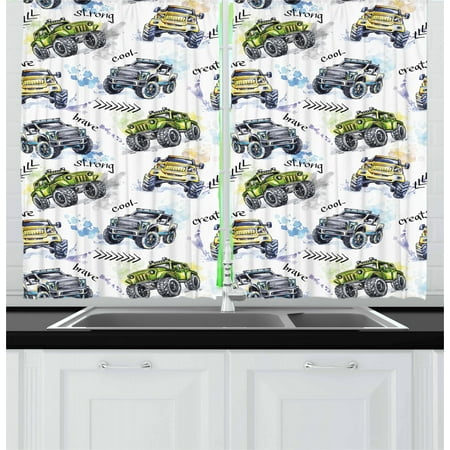 Cars Curtains 2 Panels Set Hand Drawn Watercolored Monster Trucks