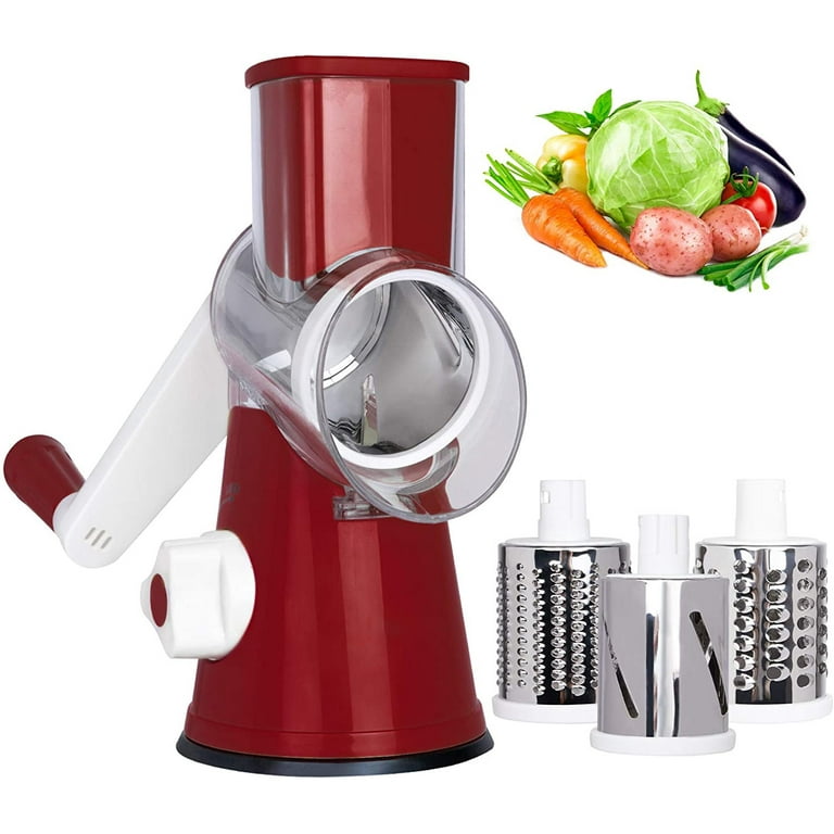 Ktinnead 3 in 1 Manual Rotary Cheese Grater Round Slicer  Grinder,ABS+Stainless Steel,Red 