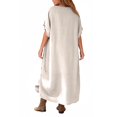 thumbnail image 4 of Women's Linen Blend Slit Dress, Round Neck Short Sleeve Long Loose Fit Shift Dress, Breathable Casual Sundress for Summer Travel or Daily Wear,Beige - S, 4 of 5