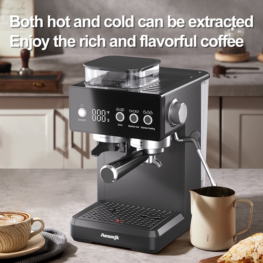 AEOMJK Grinding All-in-One Semi-Automatic Coffee Machine, Temperature Display, Time Display, Froth Milk with Steam Stick, Easy Operation Espresso Machine, Can Make Espresso, Latte, Cappuccino