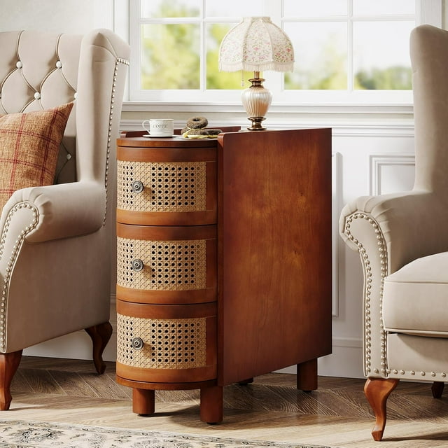 Tribesigns 3-Drawer Rattan End Table, Solid Wood Sofa Side Table with Vintage Embossed Handles