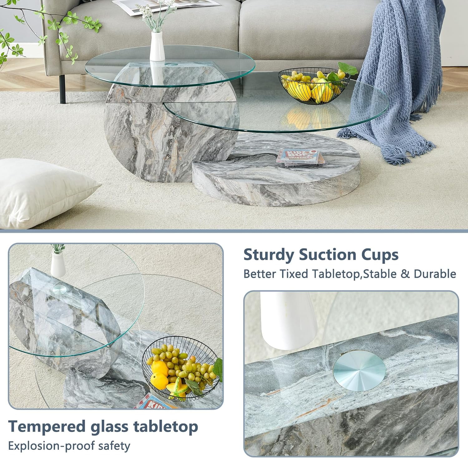 StnTalk 42" Round Coffee Table, 3-Tier Glass Coffee Table with Faux Marble MDF Base, Modern Storage Center Table for Living Room, Small Space, Apartment