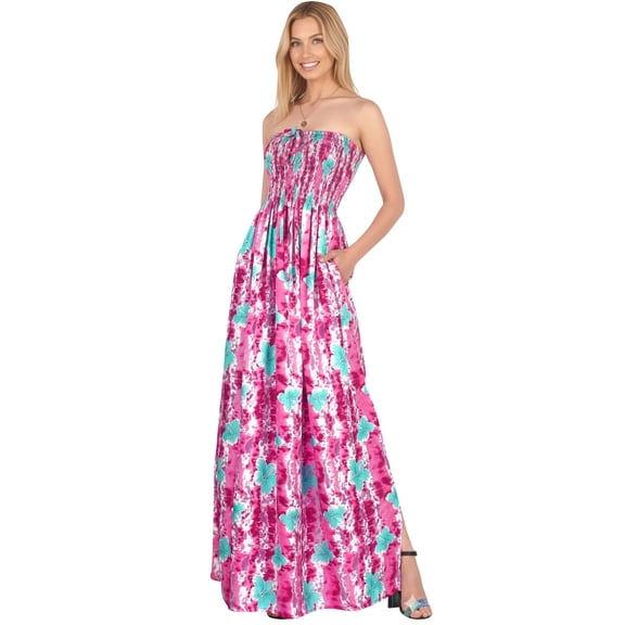 HAPPY BAY Women's Summer Boho A-Line Slit Maxi Beach Dress Smocked Top Evening Long Strapless Tube Dresses for Women One Size Candy, Floral Stripes