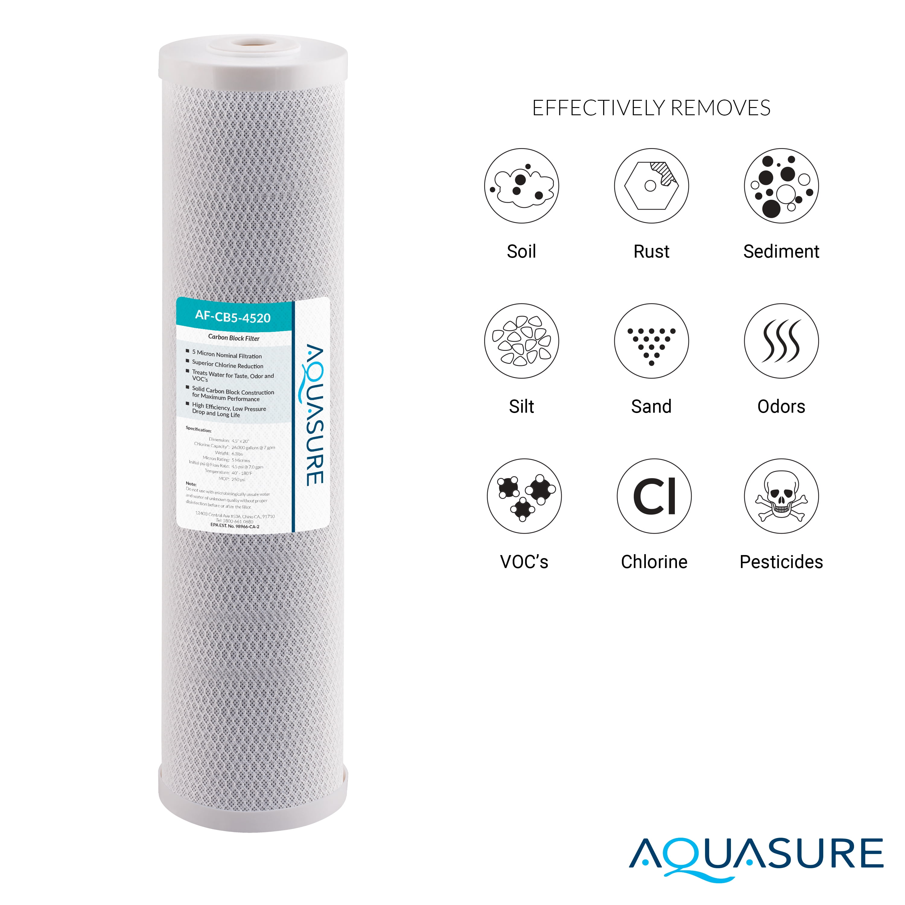 Aquasure Fortitude V Series 20" x 4.5" 5-Micron Coconut Carbon Block Whole House Replacement Water Filter (AF-CB5-4520)