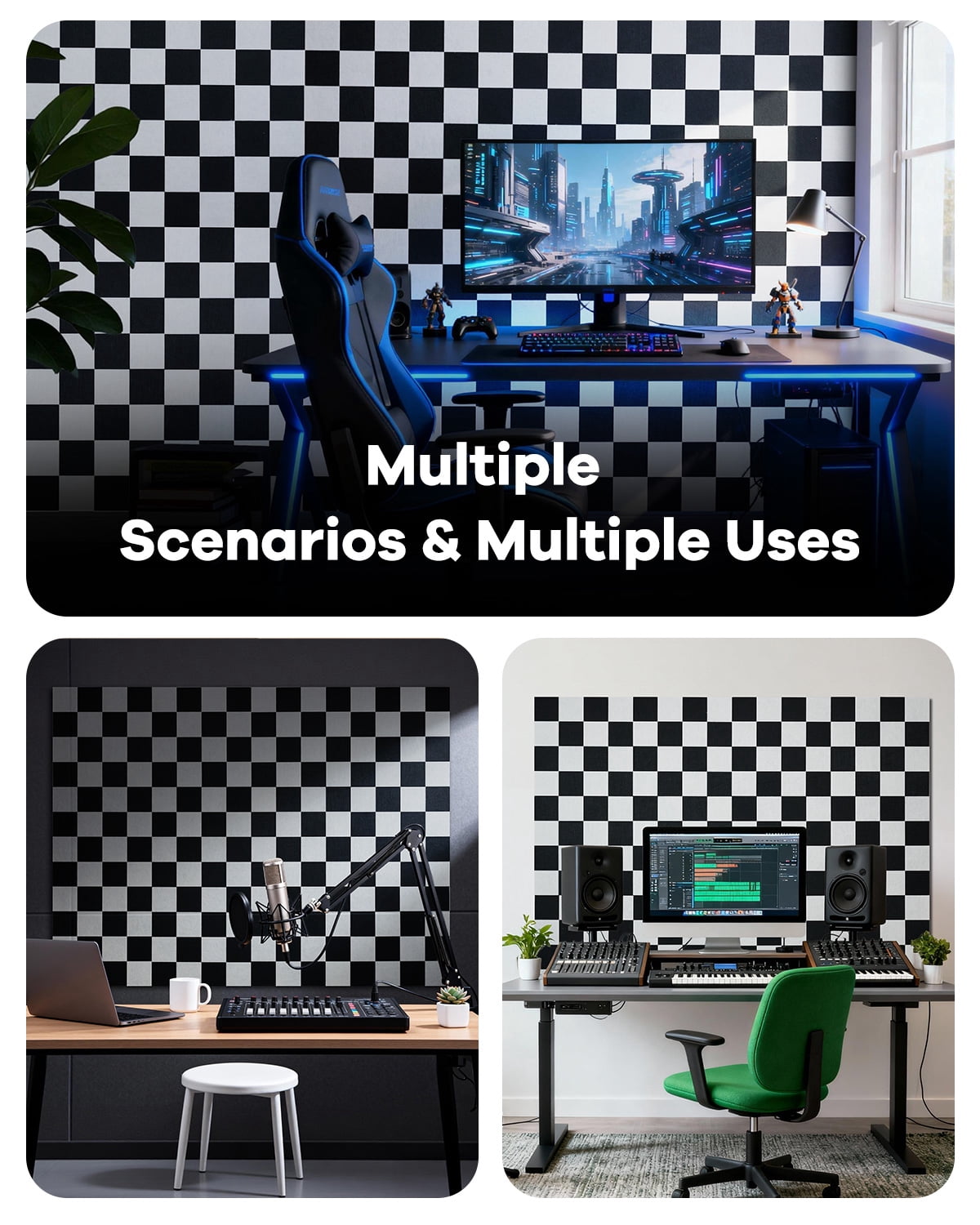 Soundsbay Soundproof Wall Panels, 12 Pack Sound Proof Foam Fanels for Walls Self-Adhesive, 12"×12"×0.4" Checker Board White+Black Decorative Acoustic Panels for Door, Ceiling, Home Office