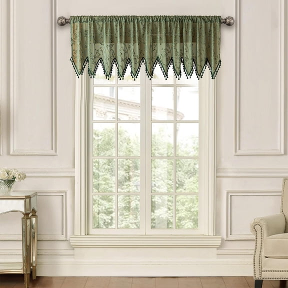 Btomtd Boho Style Valance Curtains with Tassel, 55 x 24 Inches, Country-Inspired Small Tulles Curtains, Transparent Top Drapes for Cafe, Kitchen, Bathroom, Green