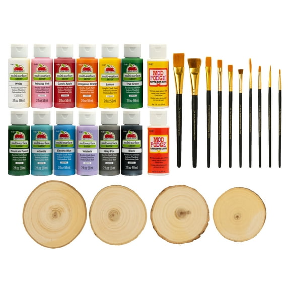 Apple Barrel 28 Pc Paint Kit, with 10 Brushes, Mod Podge Sealers, Wood Slices and 12 Acrylic Paints