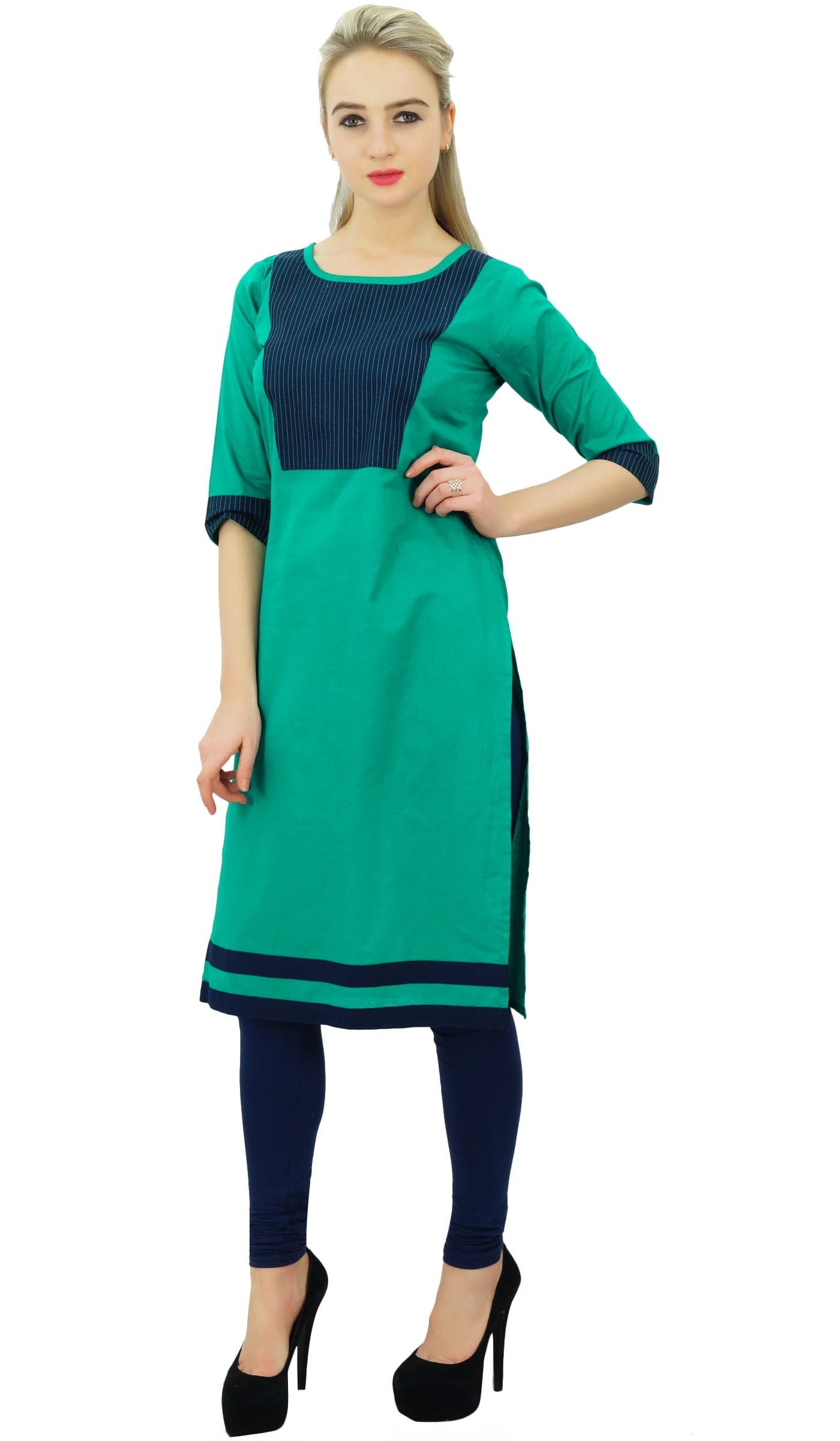 Phagun Women's Designer Straight Green Solid Kurti Kurta Summer Cotton Tunic-18