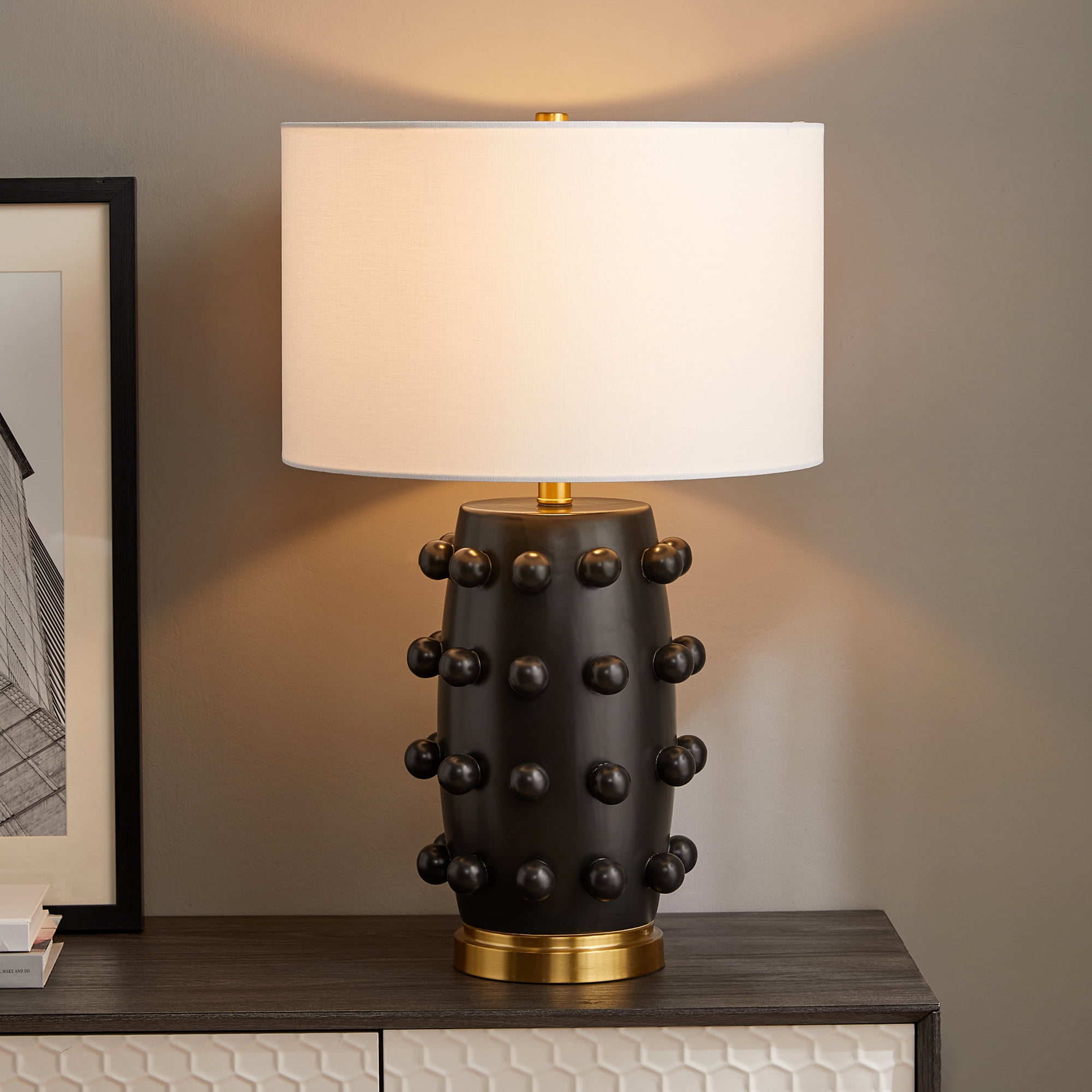 Evelyn&Zoe Farrington 26" Tall Ceramic Table Lamp with Fabric Shade, Matte Black/White