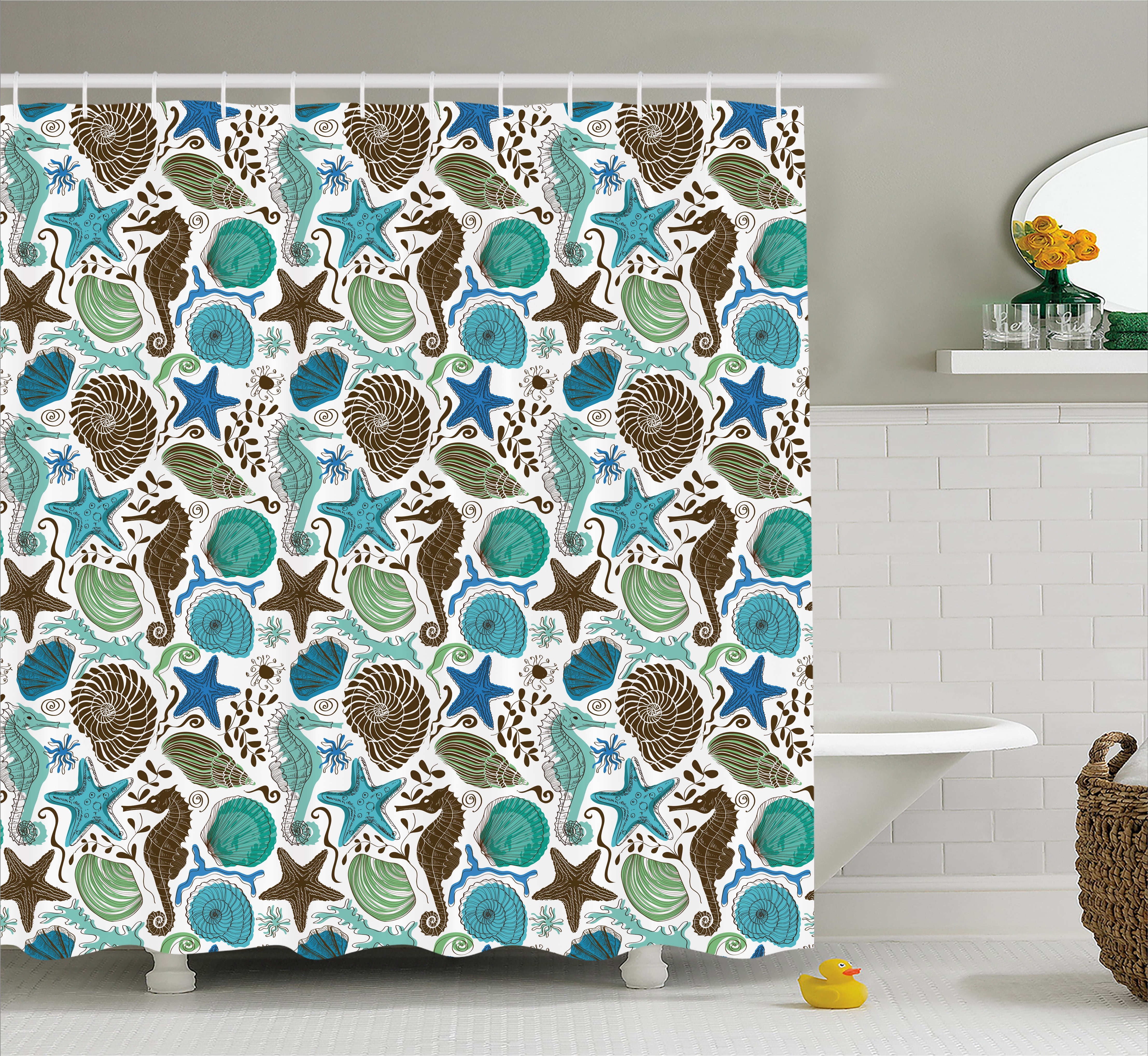 Sea Shells Shower Curtain, Maritime Art with Seahorse and Starfishes