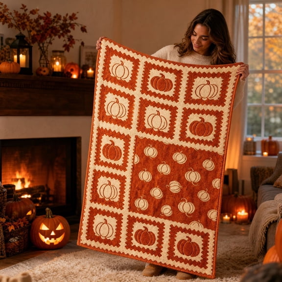 Yaayu Pumpkin Throw Blanket, Patchwork Plaid Fleece Soft Cozy for Sofa Couch Bed Thanksgiving Halloween, Bedroom Furniture, Orange
