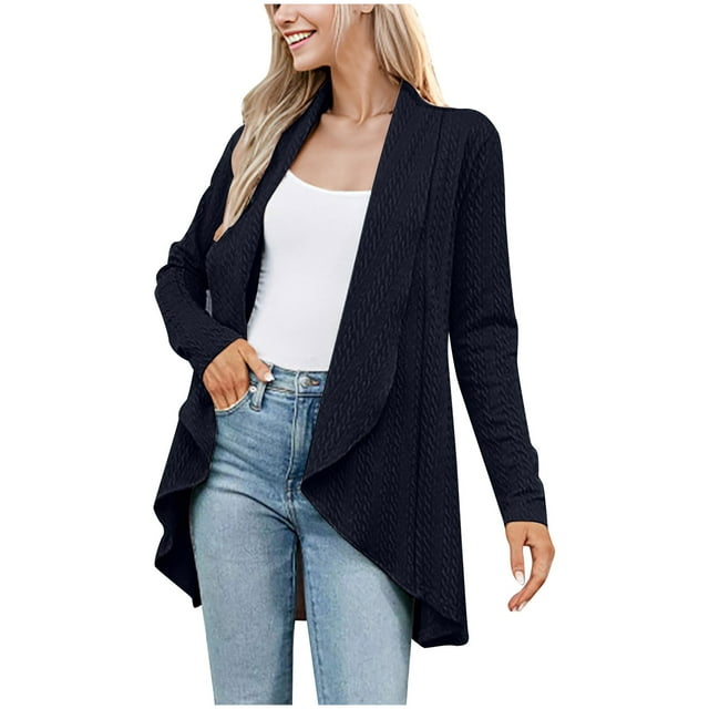 Posijego Cardigan Léger pour Femmes Col à Revers Manches Longues Tricoté Ouvert Chandail Décontracté Formel Affaires