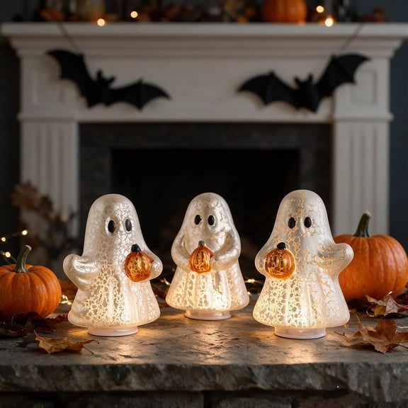 Set of 3 Illuminated Mercury Glass Ghosts, Lighted Halloween Ghost Figurines with Pumpkin, Vintage Style Tabletop Decorations for Fall Home Mantel Shelf Party
