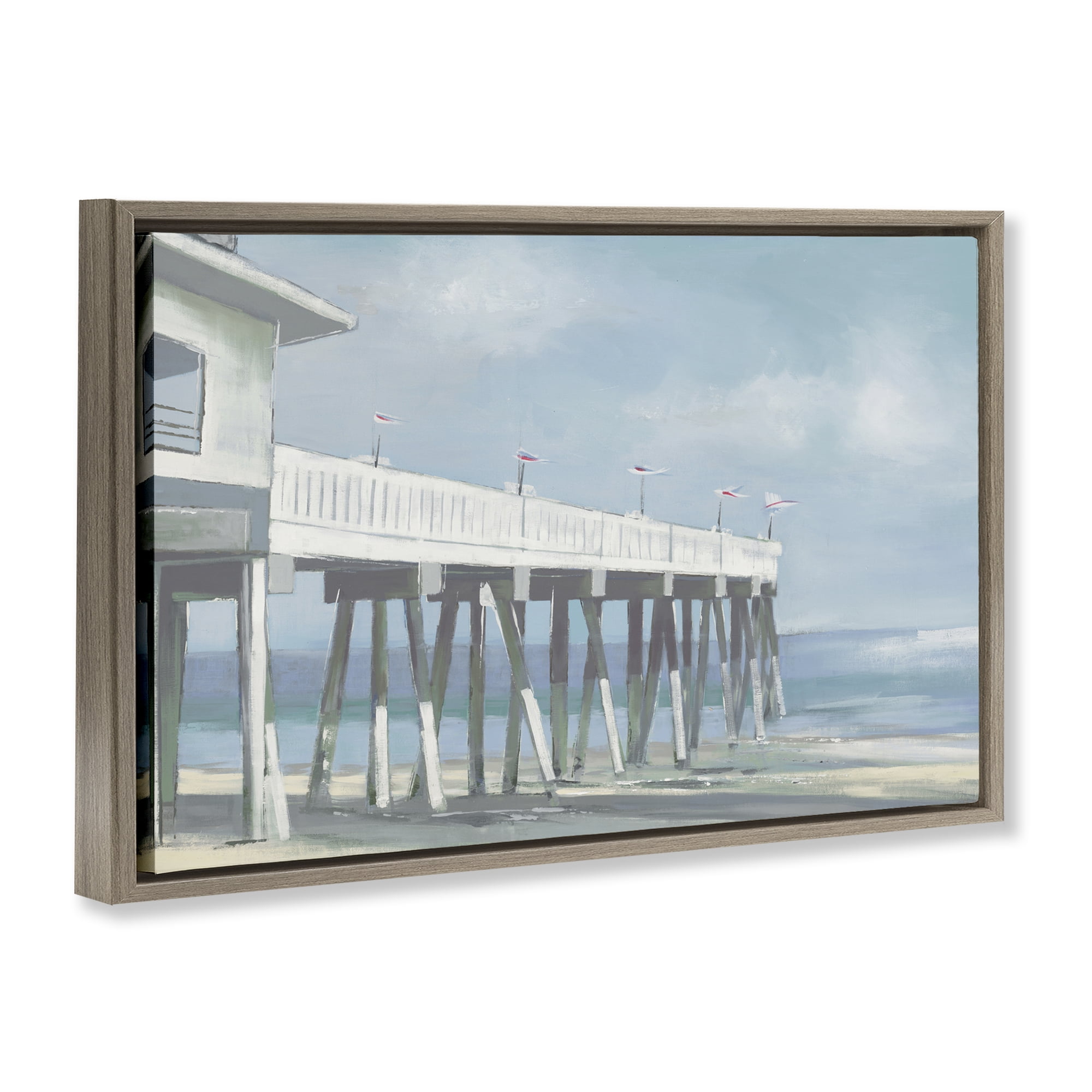 Stupell Industries Extended Pier over Beach Nautical & Beach Painting Brown Floater Framed Canvas Art Print Wall Art, 25 x 17
