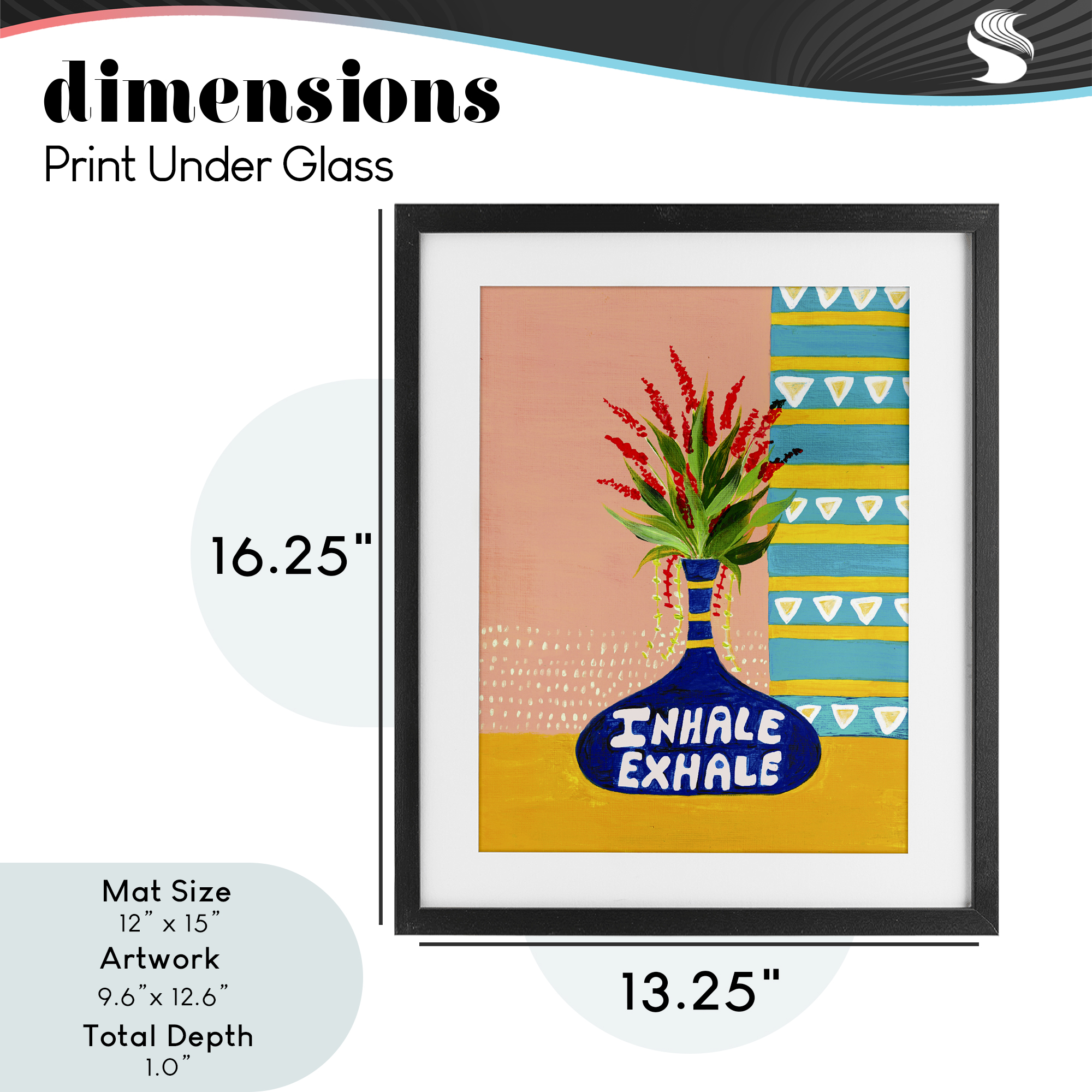 Inhale Exhale Flower Vase Black Framed Print Under Glass, design by Nabeela Rumi